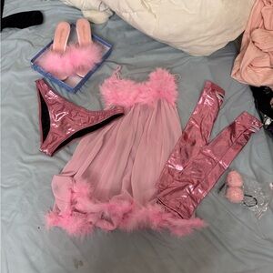 Pink Feathered Lingerie Set